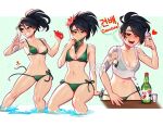  1girl ;d akali arm_tattoo bikini bikini_under_clothes black_hair blushyspicy bottle breasts brown_eyes closed_mouth crop_top cup drinking_glass green_bikini grin holding holding_cup league_of_legends mask mask_pull medium_breasts mouth_mask multiple_views navel one_eye_closed open_mouth ponytail shirt shot_glass sitting smile soju stomach swimsuit tank_top tattoo thighs toast_(gesture) wading wardrobe_malfunction water water_balloon wet wet_clothes wet_shirt white_tank_top 