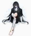  1boy ? black_hair black_kimono blood blood_on_face english_commentary full_body homicipher japanese_clothes kimono long_hair male_focus mr._crawling paw_print_soles paw_socks simple_background sitting socks solo teehanhan very_long_hair white_background 