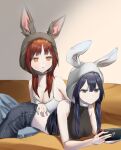  2girls animal_ears black_eyes black_hair black_shirt breasts brown_eyes brown_hair camisole cleavage crop_top denim english_commentary fake_animal_ears handheld_game_console highres holding holding_handheld_game_console jeans medium_breasts multiple_girls nintendo_switch open_mouth original pants photo-referenced rabbit_ears shirt white_camisole yashu_(shubewbz) 