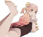  1girl arm_strap bare_legs barefoot black_skirt blonde_hair blush blush_stickers closed_mouth commentary eyebrows_hidden_by_hair flower from_behind full_body gradient_hair green_eyes hair_bun hair_flower hair_ornament hololive long_hair looking_at_viewer looking_back lying momosuzu_nene multicolored_hair nail_polish official_alternate_costume on_stomach orange_nails pink_hair plain_222 shirt shirt_tucked_in simple_background single_side_bun skirt sleeveless sleeveless_shirt smile solo toenail_polish toenails two-tone_hair two_side_up virtual_youtuber white_background white_shirt wristband 