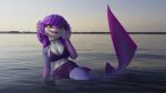  5_fingers anthro clothing cute_fangs female fingers fish hair hi_res lin_artist looking_at_viewer marine purple_body purple_hair shark solo yellow_eyes 