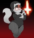 2025 anthro belly big_breasts big_butt breasts butt camel_toe clothing cross crucifix domestic_cat estebon89 felid feline felis female fishnet_clothing fishnet_legwear forehead_mark glowing glowing_eyes gradient_background hi_res inverted_cross legwear leotard mammal markings mature_female monochrome mrs._katswell nickelodeon nipple_outline nun_outfit portrait possession praying simple_background slightly_chubby slightly_chubby_female solo striped_markings stripes t.u.f.f._puppy tail three-quarter_portrait