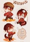 1boy autumn_leaves beret brown_background brown_hair cardigan chibi dichnhi1 english_commentary english_text envelope glasses hat highres holding holding_envelope kemonomimi_mode leaf looking_at_viewer male_focus multiple_views nu_carnival orange_eyes red_cardigan round_eyewear short_hair sleeves_past_fingers sleeves_past_wrists slit_pupils snake_boy snake_tail tail yakumo_(nu_carnival) 