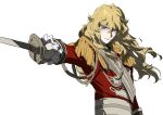  1girl absurdres blonde_hair blue_eyes commentary_request epaulettes erhuazi917 gloves hair_between_eyes highres holding holding_sword holding_weapon jacket long_hair looking_at_viewer oscar_francois_de_jarjayes red_jacket simple_background smile solo sword upper_body versailles_no_bara weapon white_background white_gloves 