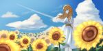  1girl absurdres arm_behind_back artist_name back blush brown_hair cloud cloudy_sky day dress fantasy field flower flower_field green_eyes h_yuusui highres light long_dress long_hair looking_at_viewer nature original outdoors scenery signature sky smile sunflower sunlight 