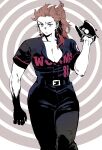  1girl ahn_dongshik alternate_eye_color alternate_hair_color ball baseball_(object) baseball_jersey baseball_mitt baseball_uniform belt breasts brown_background brown_hair character_name circle clothes_writing cowboy_shot cross cross_earrings dorohedoro dress_shirt ear_piercing earrings gradient_clothes green_eyes half-closed_eye highres jersey jewelry large_breasts lips long_hair looking_at_viewer muscular muscular_female noi_(dorohedoro) number_print one_eye_narrowed pants piercing ponytail shirt simple_background solo sportswear sternocleidomastoid_muscle teeth thick_eyebrows triceps two-tone_background uneven_eyes white_background wide_hips 