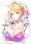  1girl animal_ears blonde_hair breasts brown_eyes choker cleavage collarbone dated easter eleanor_(saga) fake_animal_ears flower koyama_sao large_breasts looking_at_viewer nail_polish saga saga_frontier_2 short_hair solo wrist_cuffs 