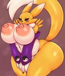  2022 alternate_version_at_source anthro areola armwear bandai_namco big_breasts blue_eyes breasts clothing digimon digimon_(species) digital_media_(artwork) female fingers hi_res huge_breasts matospectoru mostly_nude navel nipples renamon simple_background smile solo 