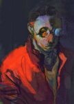  1boy black-framed_eyewear black_background black_eyes black_hair disco_elysium expressionless glasses highres jacket kim_kitsuragi looking_at_viewer male_focus mature_male nandesu03 no_lineart painterly red_jacket round_eyewear short_hair solo upper_body 