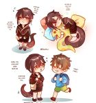  2boys :< aged_down backpack bag brown_hair child commentary crying dichnhi1 eiden_(nu_carnival) english_text forked_tongue highres holding holding_stuffed_toy kemonomimi_mode male_focus multiple_boys nu_carnival orange_eyes sailor short_hair sleeping snake_boy snake_tail stuffed_snake stuffed_toy tail tongue white_background yakumo_(nu_carnival) 