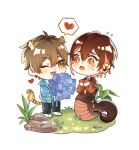 2boys animal_ears blue_hoodie bouquet brown_eyes brown_hair chibi crying dichnhi1 eiden_(nu_carnival) english_commentary full_body heart highres holding holding_bouquet hood hoodie kemonomimi_mode lamia_boy male_focus monster_boy monsterification multiple_boys nu_carnival one_eye_closed orange_eyes short_hair simple_background slit_pupils spoken_heart tail tiger_boy tiger_ears tiger_tail white_background yakumo_(nu_carnival) yaoi 