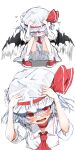 1girl absurdres bloomers blush cowering hands_on_headwear hat highres nose_blush red_eyes red_footwear remilia_scarlet shoes simple_background socks touhou tsune_(tune) underwear white_background white_headwear wings 