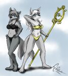  anthro bikini bloodline bloodline_(webcomic) canid canine canis clothing dekaisen duo female fur hair hi_res kia_(w0lfmare) mammal simple_background swimwear viali_(w0lfmare) wolf 