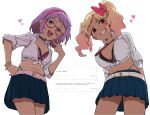  2girls belt blonde_hair bow bra breasts character_request choker cleavage copyright_request flat_chest from_below glasses google_translate grin hair_bow hairband heart highres large_breasts light_blush looking_at_viewer multiple_girls navel necktie open_mouth osame purple_eyes purple_hair red-framed_eyewear red_eyes school_uniform shirt simple_background skirt smile tan teeth tied_shirt translation_request twintails underwear upper_teeth v white_background wristband 