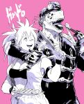  1boy 1girl ahn_dongshik animal_head armband armpits bandeau bra bra_peek breasts caiman_(dorohedoro) center_opening chest_harness chopsticks cleavage combat_knife copyright_name dorohedoro dumpling eating eye_contact eye_tattoo facial_mark fingernails food full-length_zipper gas_mask gloves greyscale_with_colored_background harness highres holding holding_chopsticks holding_knife holding_plate holding_weapon hug hug_from_behind jiaozi jumpsuit kitchen_knife knife large_breasts lips lizard lizardman long_hair long_sleeves looking_at_another looking_to_the_side mask nikaidou_(dorohedoro) one_eye_closed open_jumpsuit open_mouth outstretched_arm partially_unzipped pink_background plate ponytail reptile_boy ribs sharp_teeth shirt simple_background sleeveless_jumpsuit smile spiked_hair spikes teeth underwear upper_body weapon wristband zipper 