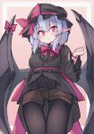  1girl alternate_costume bat_wings black_dress black_hat black_pantyhose blue_hair bow bow_on_wing bowtie breasts commentary_request cowboy_shot dress frilled_sleeves frills hair_between_eyes hat hat_ribbon highres katsukare light_blush long_sleeves looking_at_viewer medium_breasts medium_hair mob_cap pantyhose pointy_ears red_bow red_bowtie red_eyes red_ribbon remilia_scarlet ribbon short_hair simple_background smile solo touhou wide_sleeves wings 