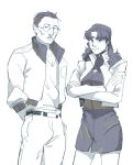  1boy 1girl arms_behind_back black_eyes black_shirt cowboy_shot cross cross_necklace crossed_arms disco_elysium glasses greyscale highres jacket jewelry katsuragi_misato kim_kitsuragi long_hair looking_at_viewer monochrome necklace neon_genesis_evangelion pencil_skirt shirt short_hair simple_background skirt standing tasteless_case white_background 