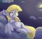  2019 blonde_hair cloud cutie_mark derpy_hooves_(mlp) digital_media_(artwork) equid equine eyelashes feathered_wings feathers female feral food friendship_is_magic grey_body grey_feathers hair hasbro hi_res holding_food holding_object lying mammal moon muffin my_little_pony night pegasus solo swerve-art wings yellow_eyes yellow_tail 