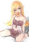  1girl absurdres bangs bare_legs bare_shoulders barefoot blonde_hair doughnut eating food food_in_mouth head_tilt highres long_hair looking_at_viewer meemz_a monogatari_(series) navel oshino_shinobu pointy_ears sitting skirt solo strap_slip wariza yellow_eyes 