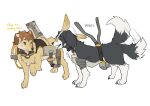  2022 arknights black_body black_fur brown_hair canid canine canis claws countershading domestic_dog duo feral feralized floppy_ears fur greyy_(arknights) hair hi_res hypergryph male mammal milkytiger1145 open_mouth open_smile paws simple_background smile studio_montagne tail_motion tailwag tan_body tan_fur video_games white_background windflit_(arknights) 