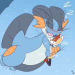 2020 ambiguous_gender anthro biped blue_body blush blush_lines bodily_fluids cinderace clenched_teeth countershade_face countershade_torso countershading drooling duo extreme_size_difference fin fuf generation_3_pokemon generation_8_pokemon hi_res hug lying multicolored_body nintendo on_side open_mouth open_smile pain pokemon pokemon_(species) saliva size_difference sleeping smile sound_effects swampert teeth tongue two_tone_body vowelless vowelless_sound_effect white_body white_countershading zzz