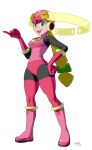  1girl absurdres alternate_breast_size blonde_hair bodysuit boots bow breasts gloves green_bow green_eyes hair_bow hand_on_hip helmet highres index_finger_raised leotard long_hair looking_at_viewer medium_breasts mega_man_(series) mega_man_battle_network netnavi open_mouth pink_bodysuit pink_footwear pink_gloves pink_leotard roll.exe_(mega_man) simple_background smile solo unknownid very_long_hair white_background 