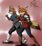  anthro bloodline bloodline_(webcomic) canid canine clothed clothing dekaisen duo female fox fur grey_body grey_fox grey_fur hair hi_res mammal reader sil_(bloodline) simple_background urocyon 