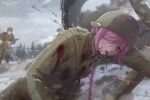  1boy 1girl absurdres artist_name barbed_wire battle belt_buckle blood blood_from_mouth blood_on_clothes blood_on_face blurry blurry_background braid buckle coat commentary death empty_eyes english_commentary green_coat gun gunshot_wound hair_over_one_eye helmet highres holding holding_gun holding_weapon kepincox military original outdoors pink_hair projectile_trail single_braid snow solo_focus soviet war weapon winter world_war_ii 
