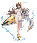  1girl absurdres bikini blue_eyes breasts brown_hair cleavage eyewear_on_head full_body game_cg guardian_tales highres jacket large_breasts long_hair looking_at_viewer navel official_art scientist_on_the_beach_sohee see-through smile solo standing surfboard swimsuit transparent_background water white_bikini 