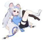  1girl animal_ears artist_request asymmetrical_legwear bag blue_archive blue_dress breasts china_dress chinese_clothes detached_sleeves dress ear_tag gun halo handbag handgun highres holstered_weapon large_ears medium_breasts mouse mouse_ears mouse_girl mouse_tail red_eyes saya_(blue_archive) socks solo tail thighhighs uneven_legwear user_uvtr7835 weapon wide_sleeves 