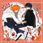  1boy 1girl :o ahoge arrow_(projectile) bell black_coat black_hair black_pants black_scrunchie blue_eyes coat copyright_name cross-laced_footwear daruma_doll ema fate/grand_order fate_(series) flower_(symbol) food fou_(fate) fruit fujimaru_ritsuka_(female) fujimaru_ritsuka_(female)_(winter_casual) fujimaru_ritsuka_(male) fujimaru_ritsuka_(male)_(winter_casual) full_body fur-trimmed_coat fur_trim hagoita hair_between_eyes hair_ornament hair_scrunchie hamaya highres holding holding_arrow jumping kouhaku_nawa long_sleeves looking_at_viewer omamori one_side_up open_mouth orange_(fruit) orange_hair orange_peel paddle pants plaid_clothes plaid_scarf rope scarf scrunchie shimenawa shirt shoes short_hair smile sneakers snowman twitter_username white_coat white_footwear white_shirt winter_clothes winter_coat yellow_eyes yellow_shirt yuta_kbut 