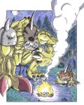  artcetona bandai_namco campfire claws cooking cyclomon digimon digimon_(species) duo eating feral fire fish gizamon hi_res horn male marine mask muscular muscular_male smoke traditional_media_(artwork) veiny_muscles 