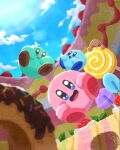  biting blush cake candy closed_eyes cloud cloudy_sky day desert doughnut eating flying food fruit happy highres kirby kirby&#039;s_dream_buffet kirby_(series) lollipop miclot open_mouth sky sparkling_eyes strawberry sun sunlight tongue 