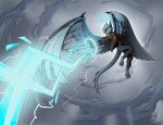 3_toes 4_fingers action_pose angry anthro attack barefoot biped black_bottomwear black_claws black_clothing black_pants blue_body blue_feathers blue_fur blue_hair blue_tail blue_wings bottomwear brown_clothing brown_topwear cel_shading claws clenched_teeth clothed clothing cloud colored detailed_background digitigrade dragon dreamkeepers electricity elemental_manipulation energy european_mythology fangs feathers feet fight finger_claws fingers flying front_view fully_clothed fur glowing glowing_eyes grin gun hair halo handgun hi_res holding_gun holding_object holding_ranged_weapon holding_weapon horn jacket juzo_drakobi light lightning long_tail looking_down low-angle_view magic magic_user male markings midair mythological_creature mythological_scalie mythology open_clothing open_mouth open_topwear outside pants paws pistol pose pupils ranged_weapon raubr1tter scalie shaded simple_background sky skyscape smile solo spade_tail spikes spread_arms spread_wings suspended_in_midair tail talons teeth three-quarter_view toe_claws toes topwear tuft vest weapon western_dragon white_background white_body white_hair wings yellow_eyes yellow_sclera