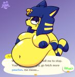  animal_crossing ankha_(animal_crossing) anthro areola belly belly_overhang big_belly big_breasts blue_hair blue_nose blush blush_lines breasts dark_areola domestic_cat egyptian_headdress english_text eyelashes eyeshadow felid feline felis female foamytail fur glistening glistening_belly glistening_breasts hair half-closed_eyes hand_on_hip looking_at_viewer makeup mammal markings narrowed_eyes navel nintendo simple_background solo straight_hair striped_markings striped_tail stripes tail_markings text video_games yellow_body yellow_fur 