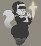 2025 anthro belly big_breasts big_butt breasts butt clothing cross crucifix domestic_cat estebon89 eyes_closed felid feline felis female fishnet_clothing fishnet_legwear hi_res legwear mammal markings mature_female monochrome mrs._katswell nickelodeon nipple_outline nun_outfit portrait praying slightly_chubby slightly_chubby_female solo striped_markings stripes t.u.f.f._puppy tail thick_thighs three-quarter_portrait