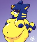 animal_crossing ankha_(animal_crossing) anthro areola belly big_belly big_breasts blue_hair blue_nose blush blush_lines breasts butt dark_areola domestic_cat egyptian_headdress eyelashes eyeshadow felid feline felis female foamytail fur glistening glistening_belly glistening_breasts hair half-closed_eyes hand_on_hip huge_hips huge_thighs looking_at_viewer makeup mammal markings narrowed_eyes navel nintendo simple_background solo straight_hair striped_markings striped_tail stripes tail_markings thick_thighs video_games yellow_body yellow_fur 