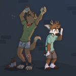  anthro antlers bandage barefoot beer_bottle black_clothing black_footwear black_nose black_socks blush bottle bottomwear boxer_briefs brick brown_body brown_fur brown_nose bulge canid canine canis cargo_shorts cervid clothing collar darwin_(tinydeerguy) domestic_dog drinking duo feet footwear fur green_clothing green_shirt green_t-shirt green_topwear grey-shorts grey_boxer_briefs hi_res horn male mammal matt_riskely pantless shirt shirt_stain shorts socks t-shirt tan_body tan_fur tinydeerguy toeless_footwear toeless_socks topwear underwear 