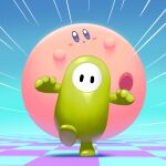  5health ball blue_background blush colored_skin fall_guy fall_guys floor food food_on_face green_skin highres kirby kirby&#039;s_dream_buffet kirby_(series) leg_up looking_at_viewer no_mouth no_pants no_shirt open_mouth outstretched_arms running simple_background spread_arms 