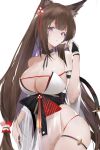  1girl :o absurdres amagi_(azur_lane) amagi_(wending_waters_serene_lotus)_(azur_lane) animal_ear_fluff animal_ears azur_lane bangs bikini black_bridal_gauntlets black_choker black_straps breasts bridal_gauntlets brown_hair brown_tail choker cleavage collarbone commentary_request curryzcy fox_ears fox_girl fox_tail from_side hair_ornament hand_to_own_face head_tilt highres japanese_clothes kimono kitsune kyuubi large_breasts long_hair looking_at_viewer low_ponytail multiple_tails obi parted_lips purple_eyes sash see-through sidelocks simple_background single_bridal_gauntlet slit_pupils solo strap swimsuit tail tassel thigh_strap very_long_hair white_background wide_sleeves 