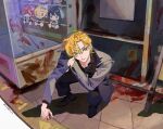  1boy ambiguous_red_liquid bangs blonde_hair closed_mouth earrings full_body highres hypnosis_mic izanami_hifumi jewelry long_sleeves multicolored_hair reichio sideways_glance squatting stuffed_toy suit_jacket yellow_eyes 