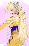  1girl artist_name bare_shoulders blonde_hair blue_eyes blue_shirt blush celes_chere cowboy_shot cropped_vest detached_sleeves final_fantasy final_fantasy_vi hair_ornament highres jas_(jasjasjasart) long_hair looking_at_viewer pants parted_bangs pink_background shirt sidelocks snake_hair_ornament solo upper_body vest wavy_hair yellow_pants yellow_sleeves yellow_vest 