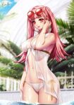  1girl bangs bikini blunt_bangs blush breasts cleavage closed_mouth dress_swimsuit esther_shen fire_emblem fire_emblem:_three_houses hilda_valentine_goneril in_water large_breasts long_hair looking_at_viewer navel partially_immersed partially_submerged pink_eyes pink_hair smile solo swimsuit thick_thighs thighs twintails water wet white_bikini white_swimsuit 