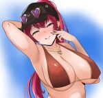  1girl :q armpits baseball_cap bikini breasts dizuit_plus eyewear_on_head hat heterochromia highres hololive houshou_marine jewelry large_breasts looking_at_viewer necklace ponytail red_bikini red_hair smile solo swimsuit tongue tongue_out virtual_youtuber 