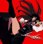  1girl bangs belt belt_buckle black_dress black_hair black_thighhighs buckle chainsaw_man dress feet_out_of_frame floating_hair from_side ghost-fish half-closed_eyes highres long_hair long_sleeves looking_at_viewer mitaka_asa over-kneehighs pinafore_dress red_background red_eyes ringed_eyes scar scar_on_cheek scar_on_face severed_head shirt signature simple_background smile solo thighhighs thighs war_devil_(chainsaw_man) white_shirt 