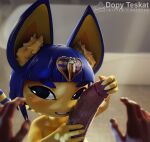  2022 3d_(artwork) 4_fingers 5_fingers animal_crossing ankha_(animal_crossing) anthro blue_hair blush digital_media_(artwork) domestic_cat duo egyptian felid feline felis female fingers first_person_view fur genitals hair handjob hi_res human human_on_anthro human_pov inner_ear_fluff interspecies male male/female male_pov mammal nintendo penile penis sashacakes sex smile tuft video_games yellow_body yellow_fur 