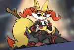 2025 3_fingers absurd_res accessory anthro artist_name belt belt_buckle big_tail black_body black_bottomwear black_clothing black_fur black_skirt bottomwear braixen brea_(snoutless) buckle burnice_white chest_tuft clothed clothing cosplay digital_drawing_(artwork) digital_media_(artwork) english_text eyewear eyewear_on_head facial_tuft feet female fingers flat_chested fluffy fluffy_tail fur generation_6_pokemon glasses glasses_on_head hair hair_accessory hi_res hip_tuft jacket kneeling leather leather_clothing leather_jacket leather_topwear leg_tuft legwear looking_at_viewer midriff mihoyo multicolored_body multicolored_fur nintendo on_counter orange_body orange_fur orange_hair pokemon pokemon_(species) pose red_eyes simple_background skirt smile snoutless solo spotlight spotlight_beam stick stick_in_tail tail tail_tuft text thigh_highs tinted_glasses topwear tuft white_body white_fur yellow_body yellow_fur zenless_zone_zero