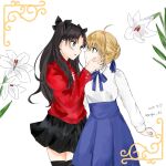  2girls ahoge artoria_pendragon_(fate) black_hair black_skirt black_thighhighs blonde_hair blue_eyes blue_ribbon blue_skirt closed_mouth commentary_request dated eye_contact face-to-face fate/stay_night fate_(series) flower grape_90 green_eyes hair_ribbon hands_on_another&#039;s_cheeks hands_on_another&#039;s_face highres lily_(flower) long_hair long_sleeves looking_at_another multiple_girls open_mouth red_shirt ribbon saber shirt sketch skirt sweat thighhighs tohsaka_rin twitter_username two_side_up white_background white_shirt yuri 