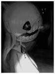  1girl big_mouth blush body_horror border greyscale highres long_hair monochrome original smile teeth upper_body white_border xkl3001 