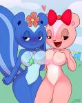 2024 accessory anthro background_character blue_body blush bow_ribbon breasts chipmunk curvy_figure deer duo duo_focus fangs featureless_breasts female giggles_(htf) ground_squirrel group hair_accessory hair_bow hair_ribbon happy_tree_friends head_flower heart_symbol hi_res j.fbelen lumpy_(htf) mammal mephitid moose new_world_deer petunia_(htf) pink_body ribbons rodent sciurid skunk tagme teeth